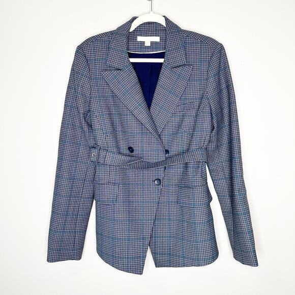 Jonathan Simkhai Womens Jacket Blazer Plaid Double Breasted Belted Blue Size 8 - Picture 1 of 7